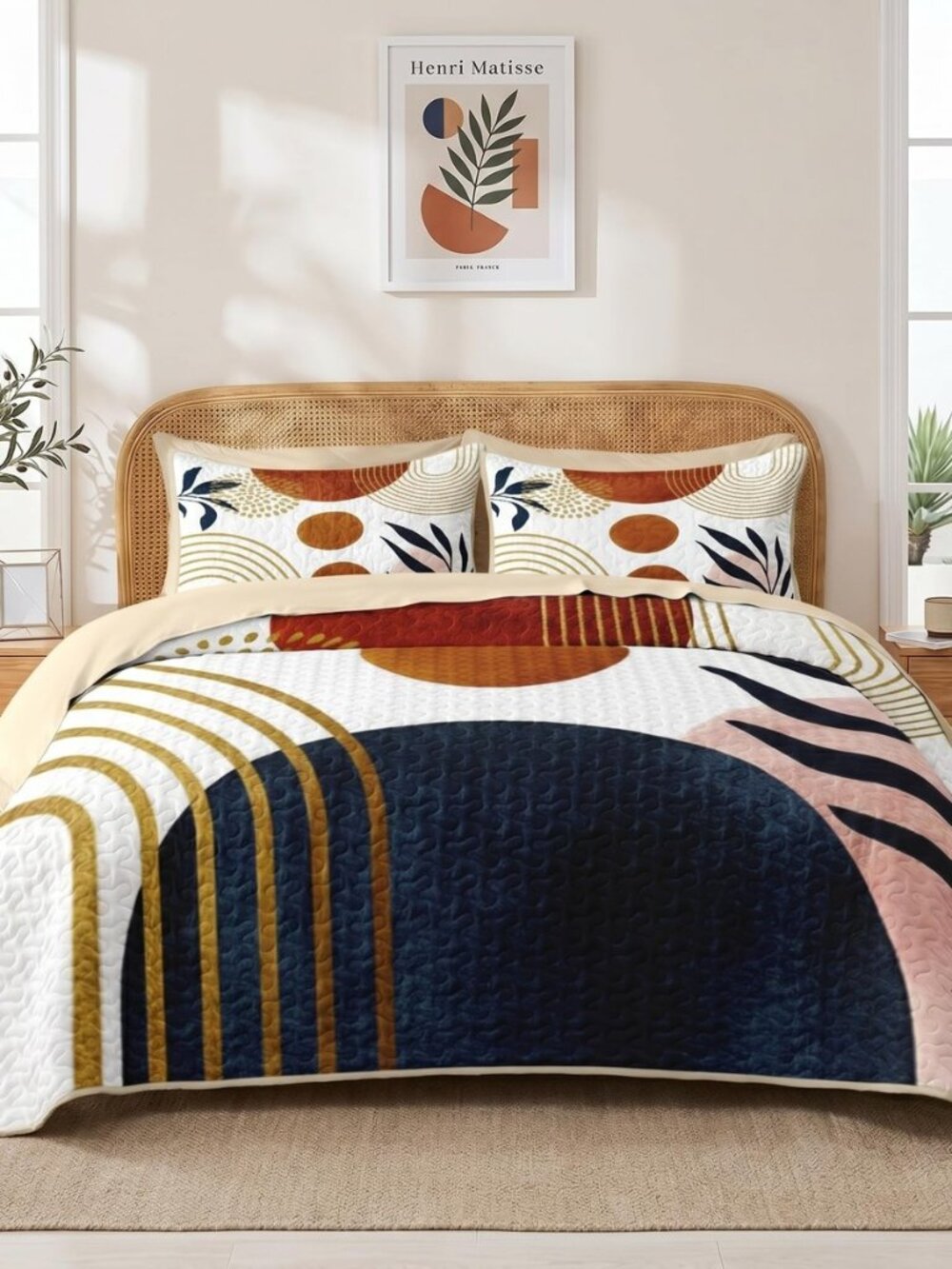 Queen Quilt Set, 7 Pieces Boho Abstract Bedding, Bedspread